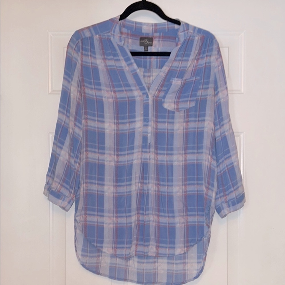 Market & Spruce Plaid Pullover Women's Top M Blue Tab Sleeve Lightweight Casual